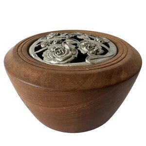 Potpourri Vase Bowl Wood Hand Turned Metal Roses Stash Decor Rare Vintage
